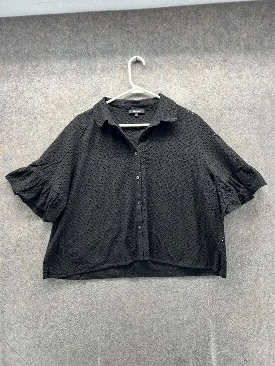 Madewell Blouse Womens XXL Black Eyelet Button Front Flutter Sleeve Cropped - Picture 1 of 10